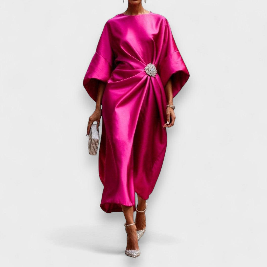 Momount Donna Vestito Midi in Raso – Drappeggiato Maniche a Pipistrello Elegante