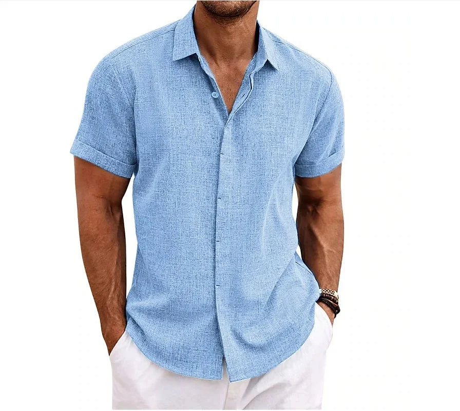 Momount Uomo Camicia in Cotone e Lino – Manica Corta Abbottonata Casual
