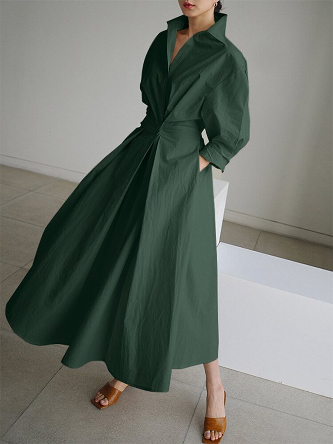 Momount Donna Abito Midi Elegante in Cotone – con Bottoni
