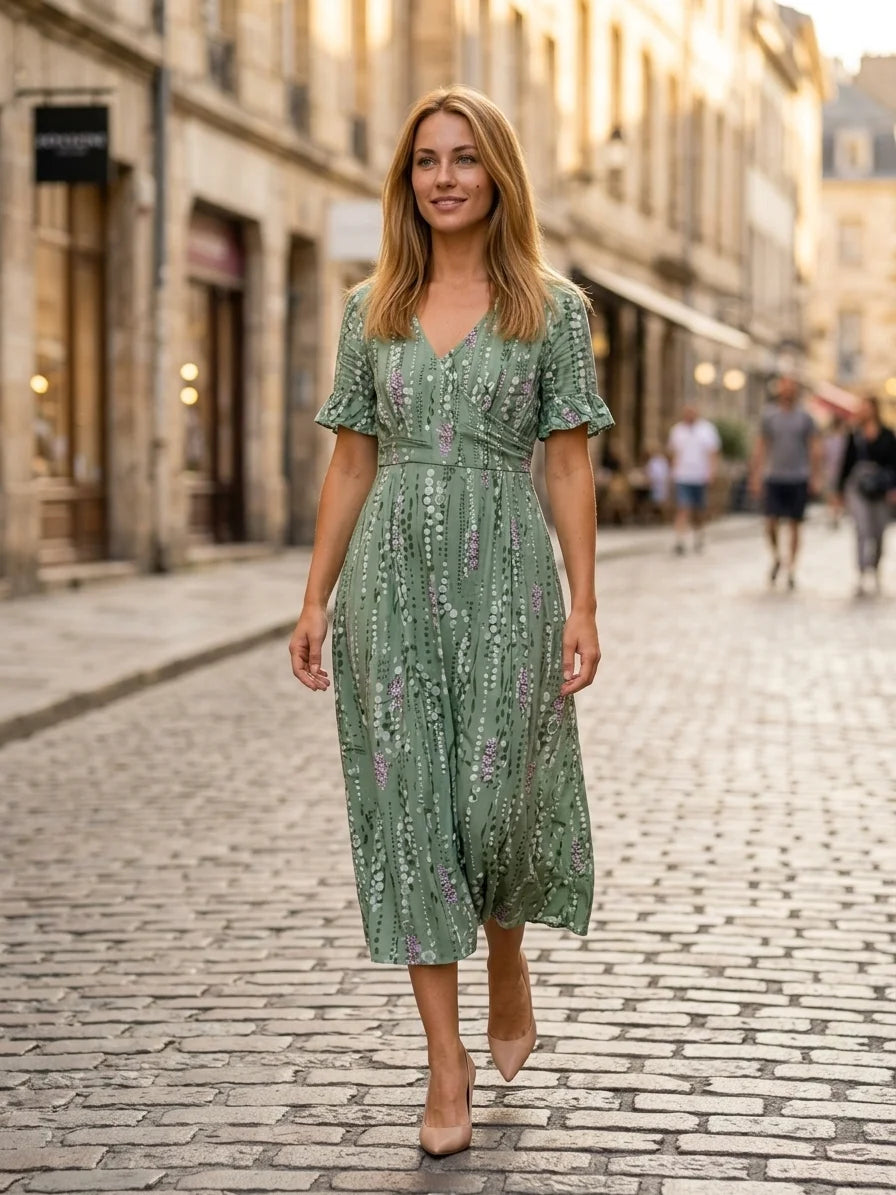 Poppy Summer Midi Dress | Flared Skirt, V-Neck, Printed - Green - lifestyle_street