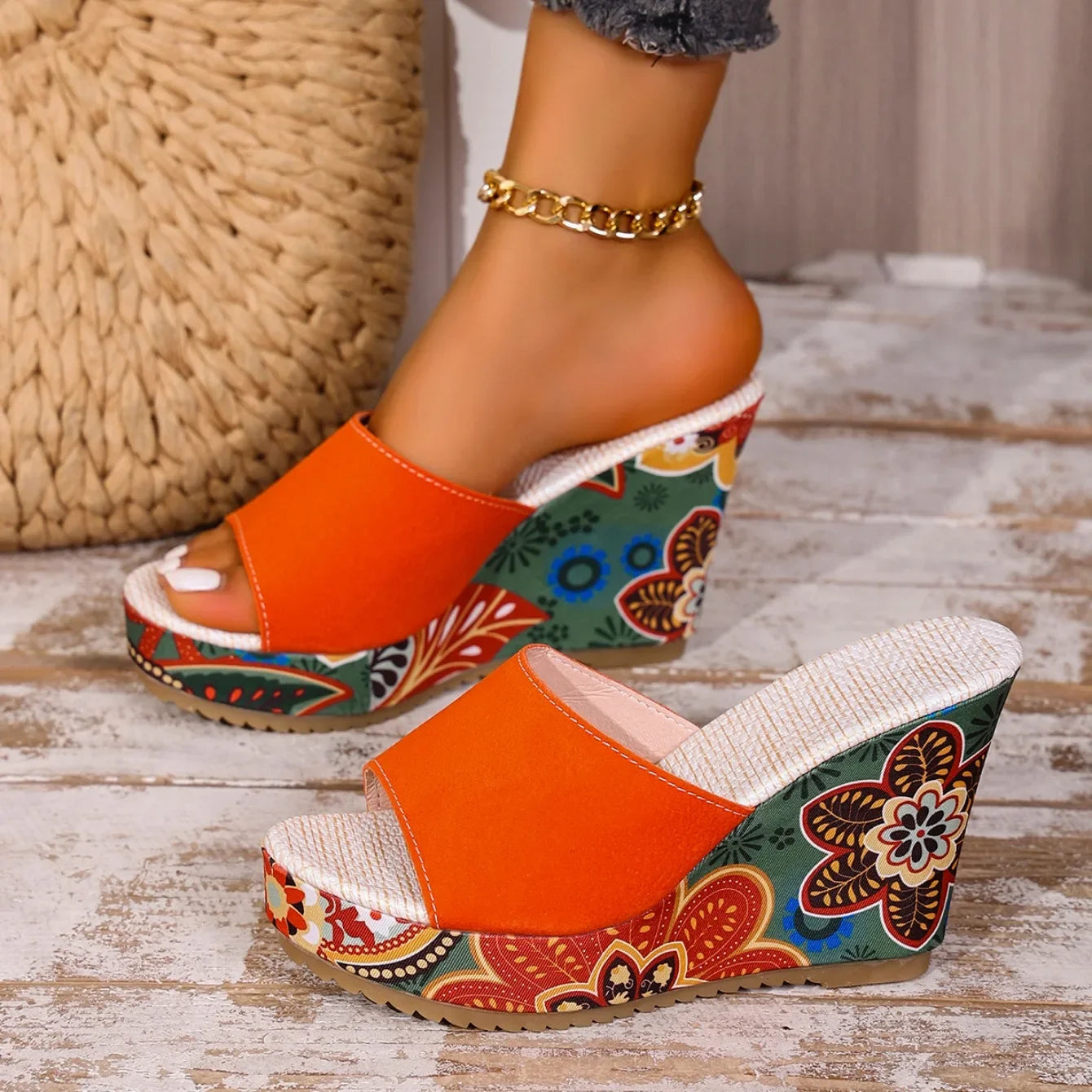 Momount Donna Sandali con Zeppa – Pelle Scamosciata Stampa Floreale Plateau Slide Boho