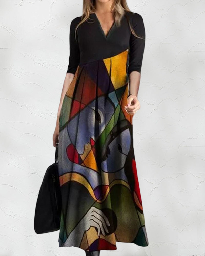 Momount Donna Abito Maxi Estivo a Trapezio – Stampa Astratta Scollo a V