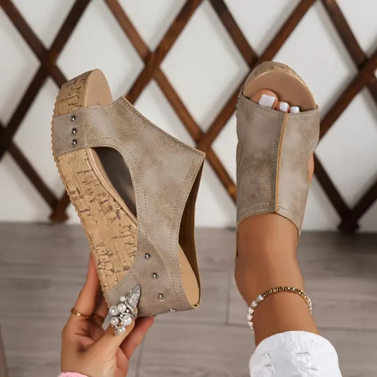 Momount Donna Sandali con Zeppa e Plateau – Sughero Nero Peep-Toe Mule con Borchie