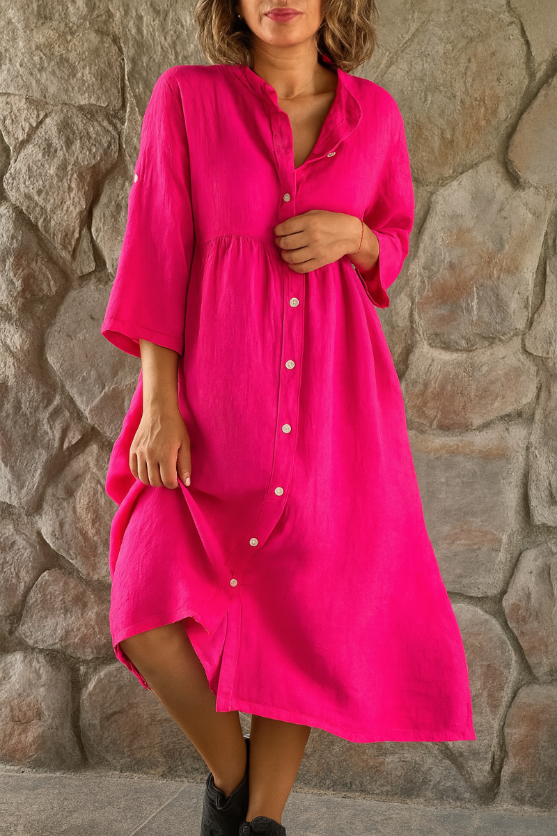 Momount Donna Abito Camicia in Cotone e Lino – Scollo a V Manica 3/4 Rilassato