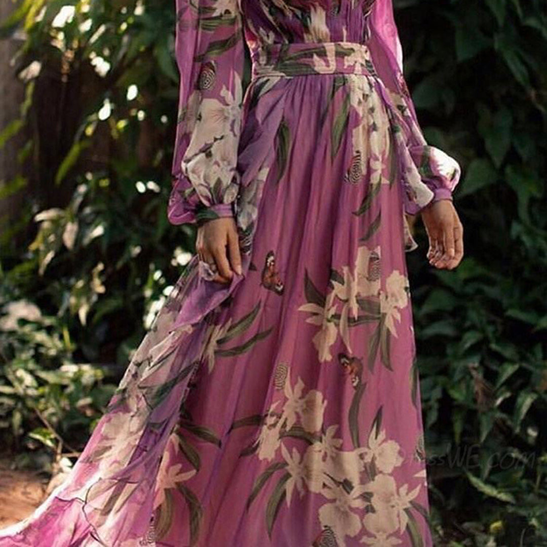 Momount Donna Abito Maxi a Portafoglio Estivo – Chiffon Floreale Scollo a V Boho