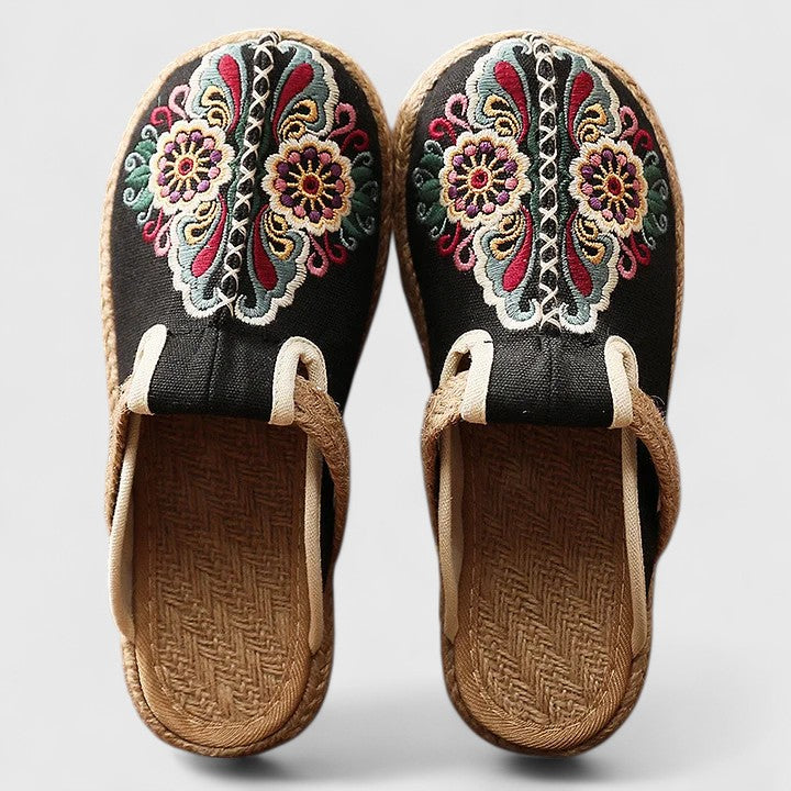 Momount Donna Mules Ricamati – Tela a Fiori Suola in Iuta Slip-On Punta Chiusa