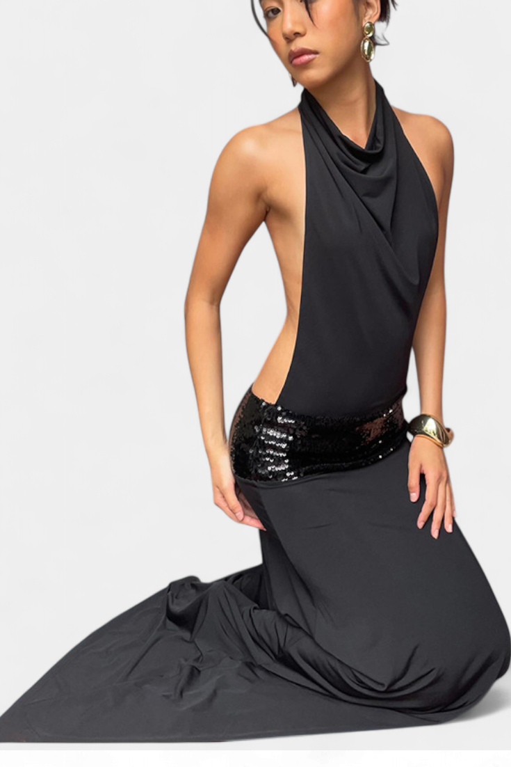 Momount Donna Vestito Maxi Estivo – Senza Maniche Scollo all'Americana Drappeggiato Elegante da Festa