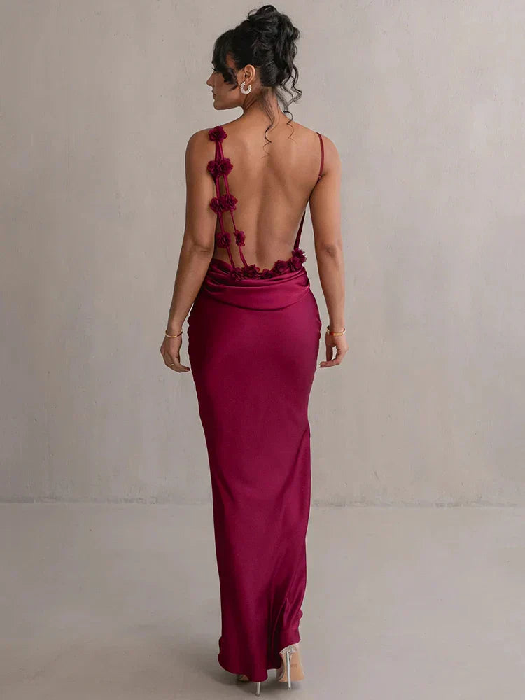 Momount Donna Abito Maxi Aderente in Raso – Scollo Drappeggiato Elegante