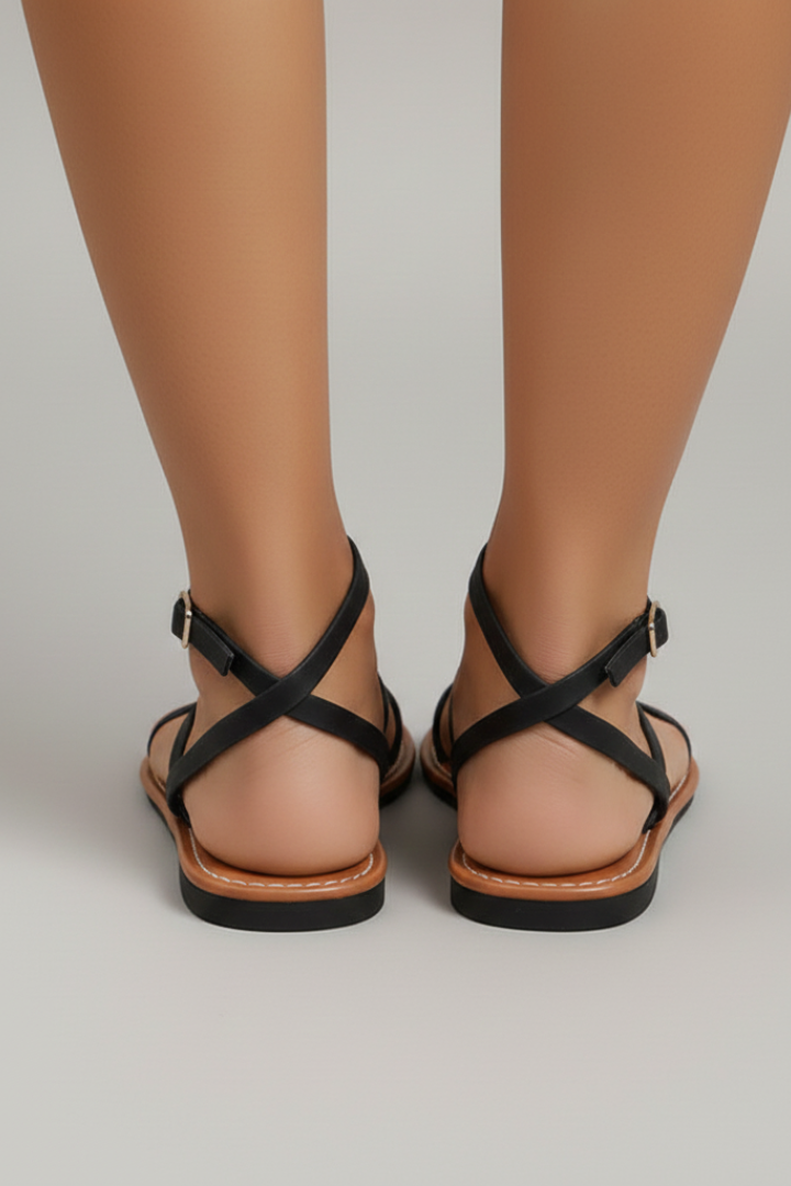 Momount Donna Sandali Bassi – Pelle Nera con Cinturini a Incrocio