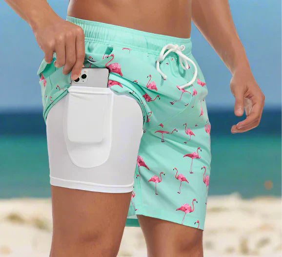 Momount Costume da Bagno Uomo – Stampa Foglia Tropicale Tasca Telefono Fodera in Rete