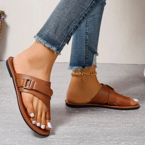Momount Donna Sandali Bassi – Pelle Nera Anello al Dito Slide con Fibbia
