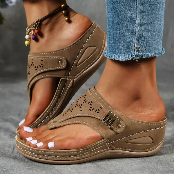 Momount Donna Sandali Ortopedici con Zeppa – Neri Tagli Laser Tira a T Estivi
