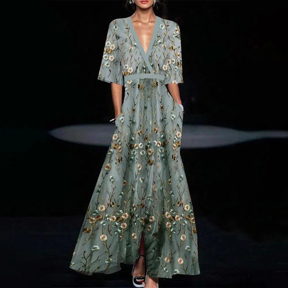 Fiorella | Vestito Maxi Boho Floreale Scollo a V Manica Lunga Fluido Primaverile
