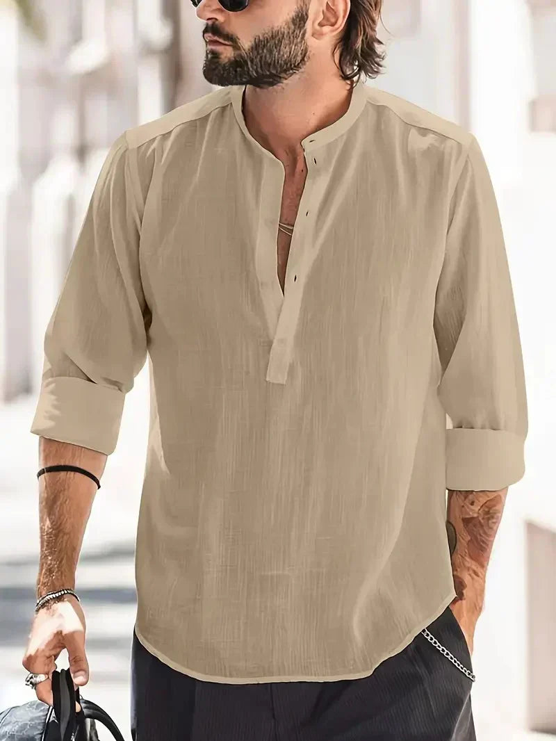 Momount Uomo Camicia Henley di Lino – Manica Lunga Collo alla Coreana Estiva