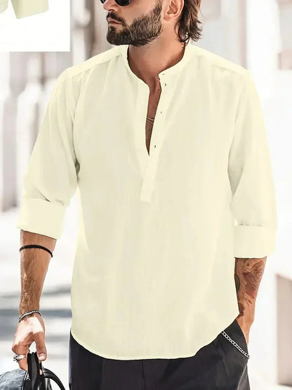 Momount Uomo Camicia Henley di Lino – Manica Lunga Collo alla Coreana Estiva