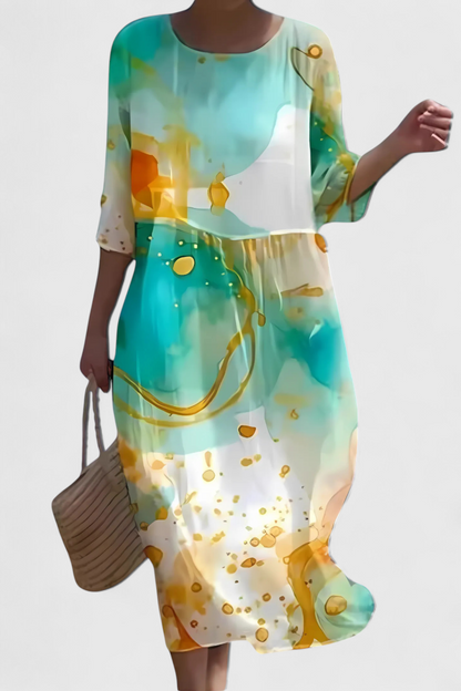 Momount Donna Vestito Midi Floreale – Manica 3/4 Vestibilità Morbida Casual Estivo da Spiaggia
