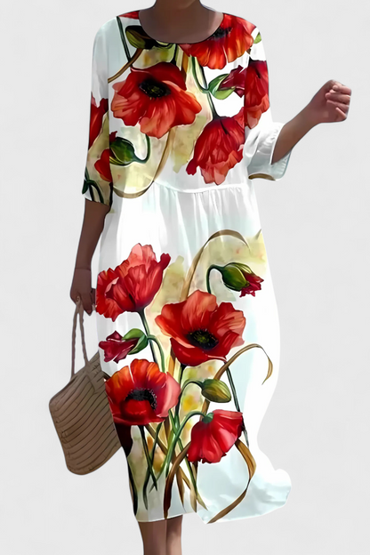 Momount Donna Vestito Midi Floreale – Manica 3/4 Vestibilità Morbida Casual Estivo da Spiaggia