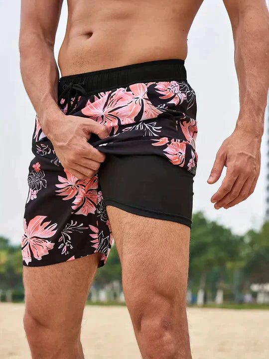 Momount Costume da Bagno Uomo – Stampa Palme Fodera a Compressione Asciugatura Rapida Lunghezza Media