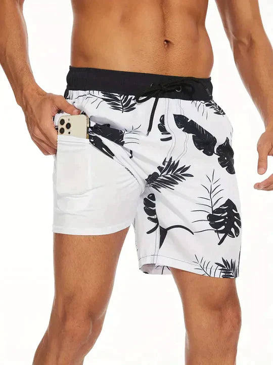 Momount Costume da Bagno Uomo – Stampa Foglia Tropicale Tasca Telefono Fodera in Rete