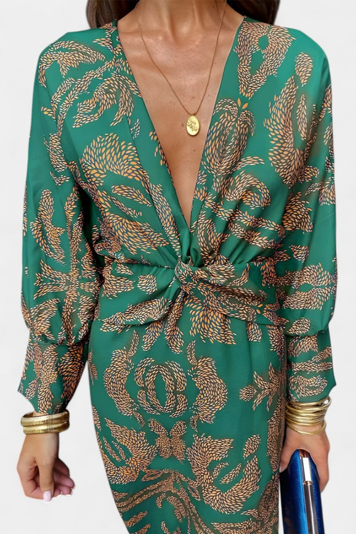 Elara V-Neck Knot Dress | Sculpted Waist, Fluid Drape