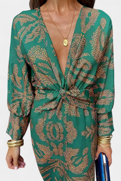 Elara V-Neck Knot Dress | Sculpted Waist, Fluid Drape