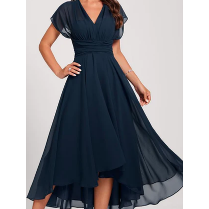 Momount Donna Abito Midi in Chiffon – Scollo a V High Low Elegante