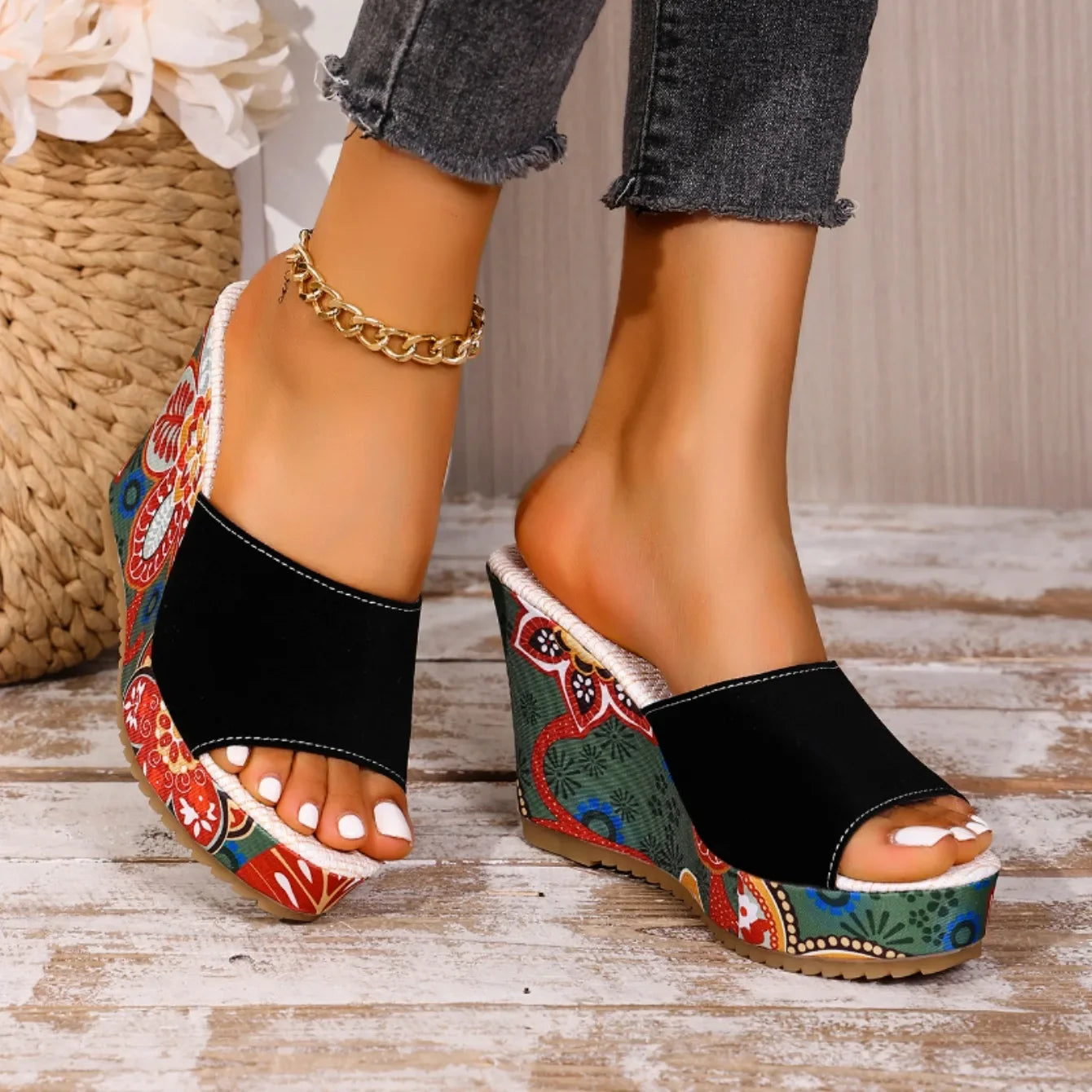 Momount Donna Sandali con Zeppa – Pelle Scamosciata Stampa Floreale Plateau Slide Boho