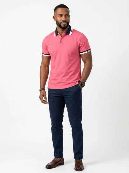Momount Men Polo Shirt – Contrast Collar Striped Cuff Short Sleeve - Pink - front