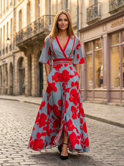 Elena Floral Wrap Maxi Dress | V-Neck, Summer Elegance - Blue & Red - lifestyle_street
