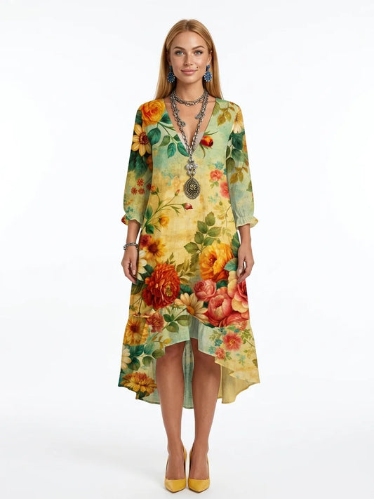 Ivy Boho Midi Dress | Floral Print, Tiered Skirt, 3/4 Sleeve - Yellow - front