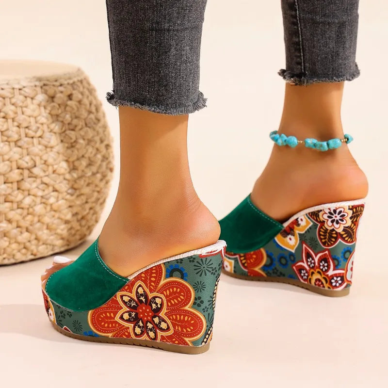 Momount Donna Sandali con Zeppa – Pelle Scamosciata Stampa Floreale Plateau Slide Boho