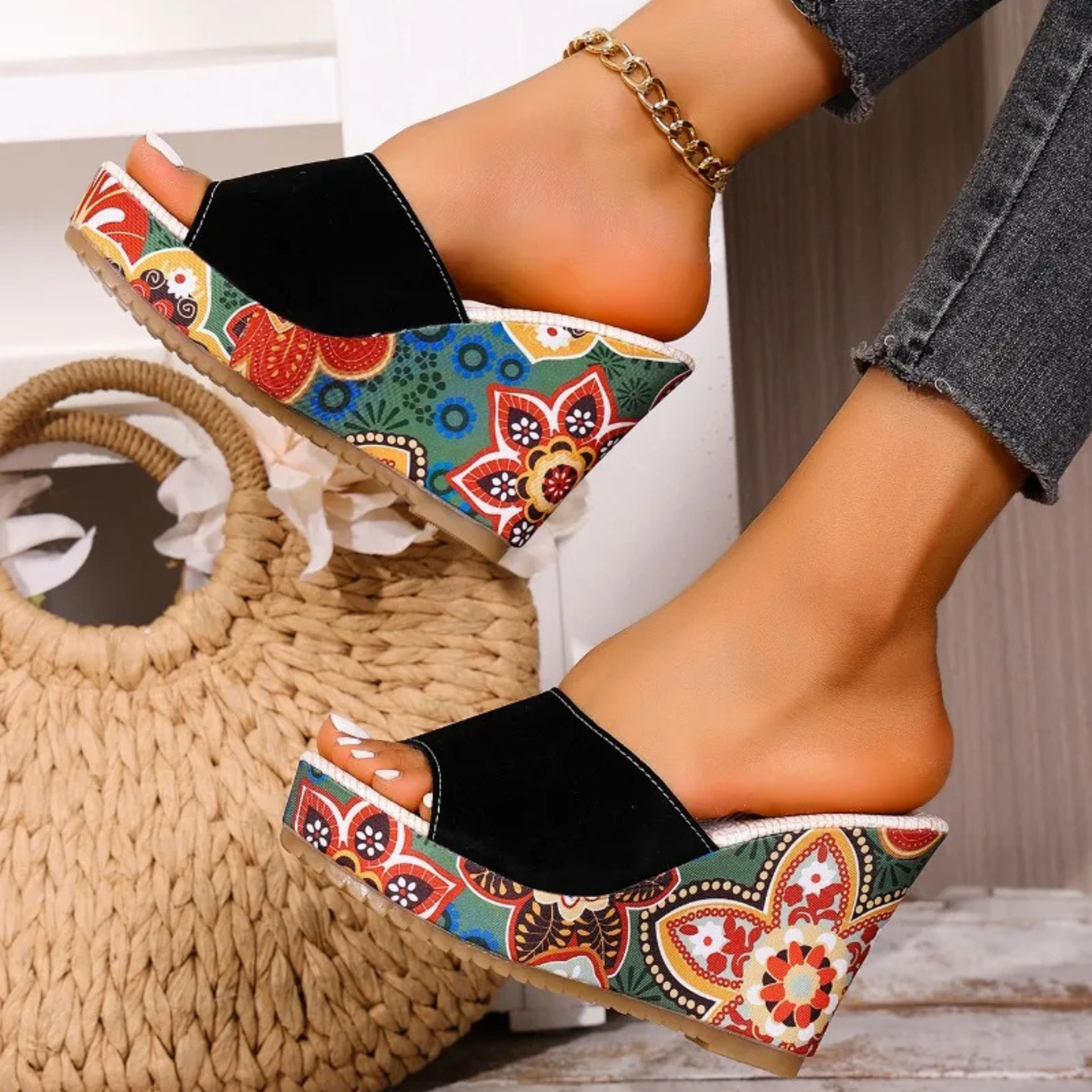 Momount Donna Sandali con Zeppa – Pelle Scamosciata Stampa Floreale Plateau Slide Boho