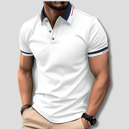 Momount Men Polo Shirt – Contrast Collar Striped Cuff Short Sleeve