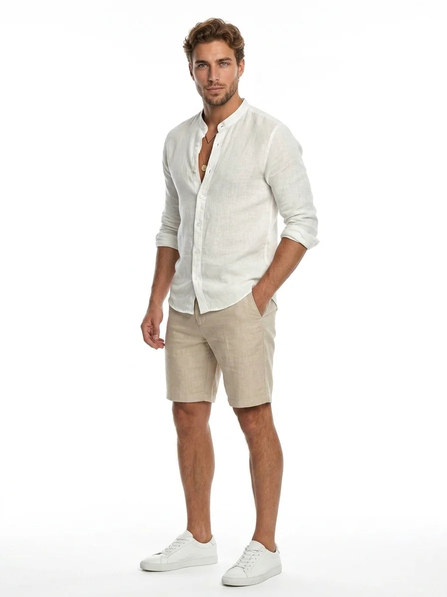 Momount Men Linen Shirt – Long Sleeve Slim Fit Button Up Casual - White - 3/4