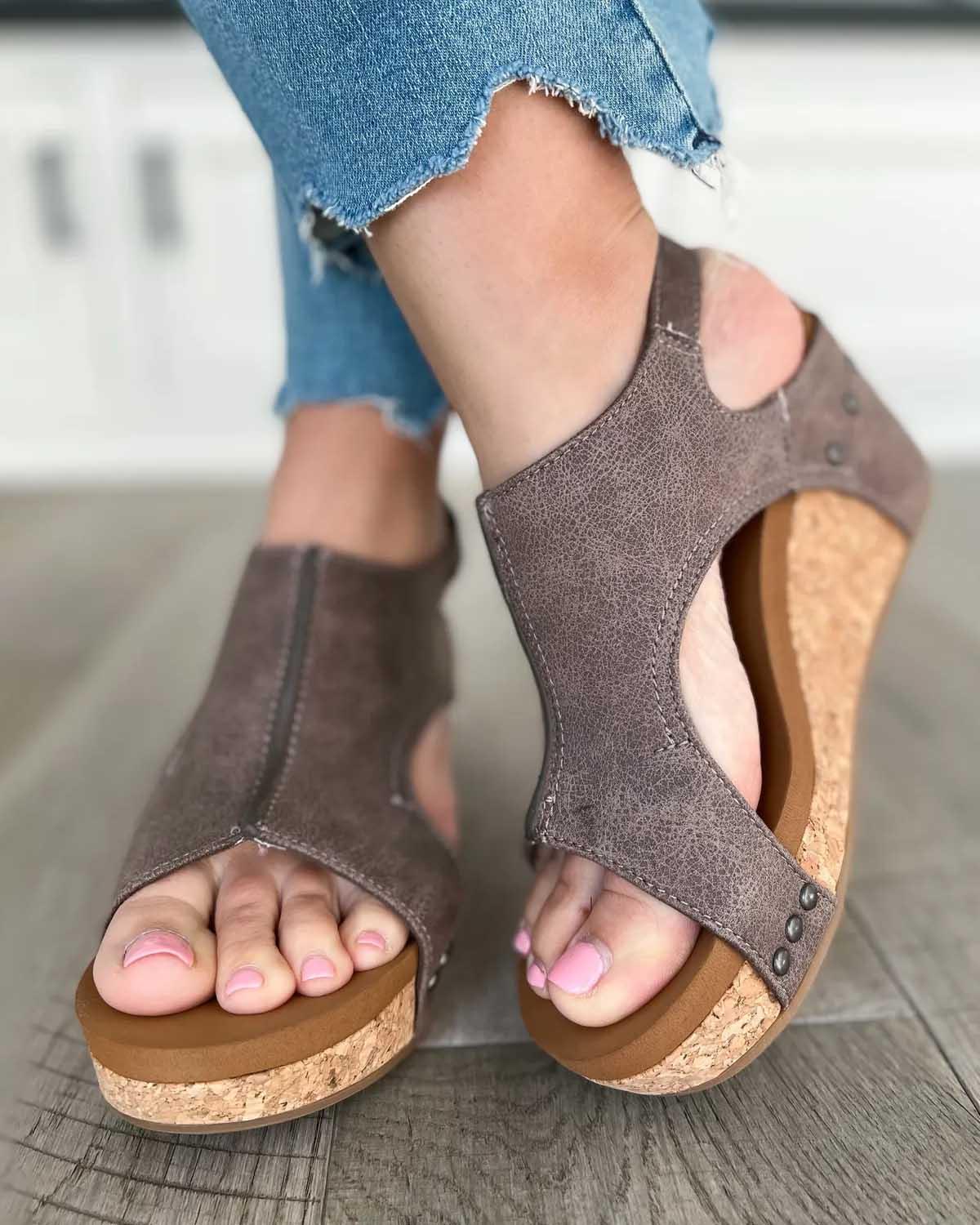 Momount Donna Sandali con Zeppa – Pelle Anticata Plateau Sughero Cinturino Posteriore