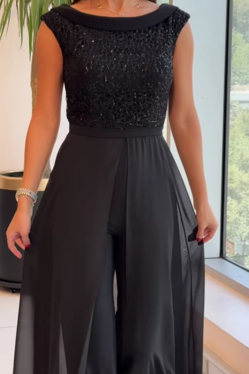 Momount Donna Tuta – Senza Maniche con Sovrapposizione di Paillettes