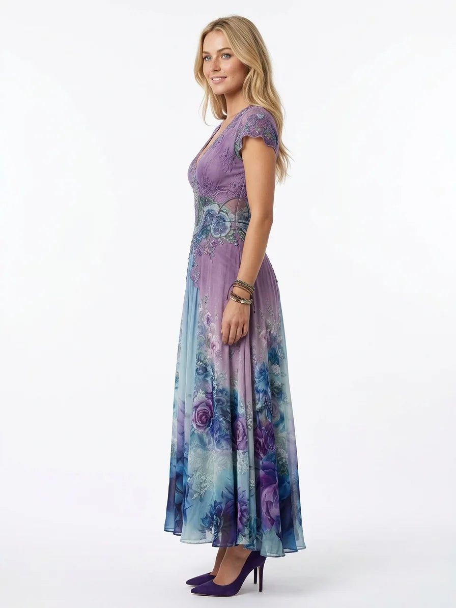 Aurora Gradient Maxi Dress | Mixed Print, V-Neck - Purple - side