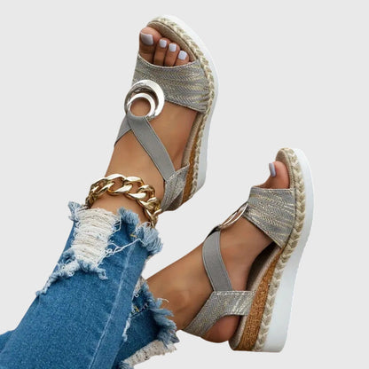 Momount Donna Sandali Espadrillas con Zeppa – Rosa Cipria Metallizzato Cinturino alla Caviglia