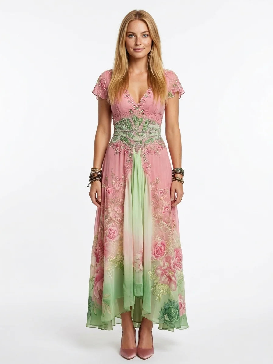 Aurora Gradient Maxi Dress | Mixed Print, V-Neck - Pink - front