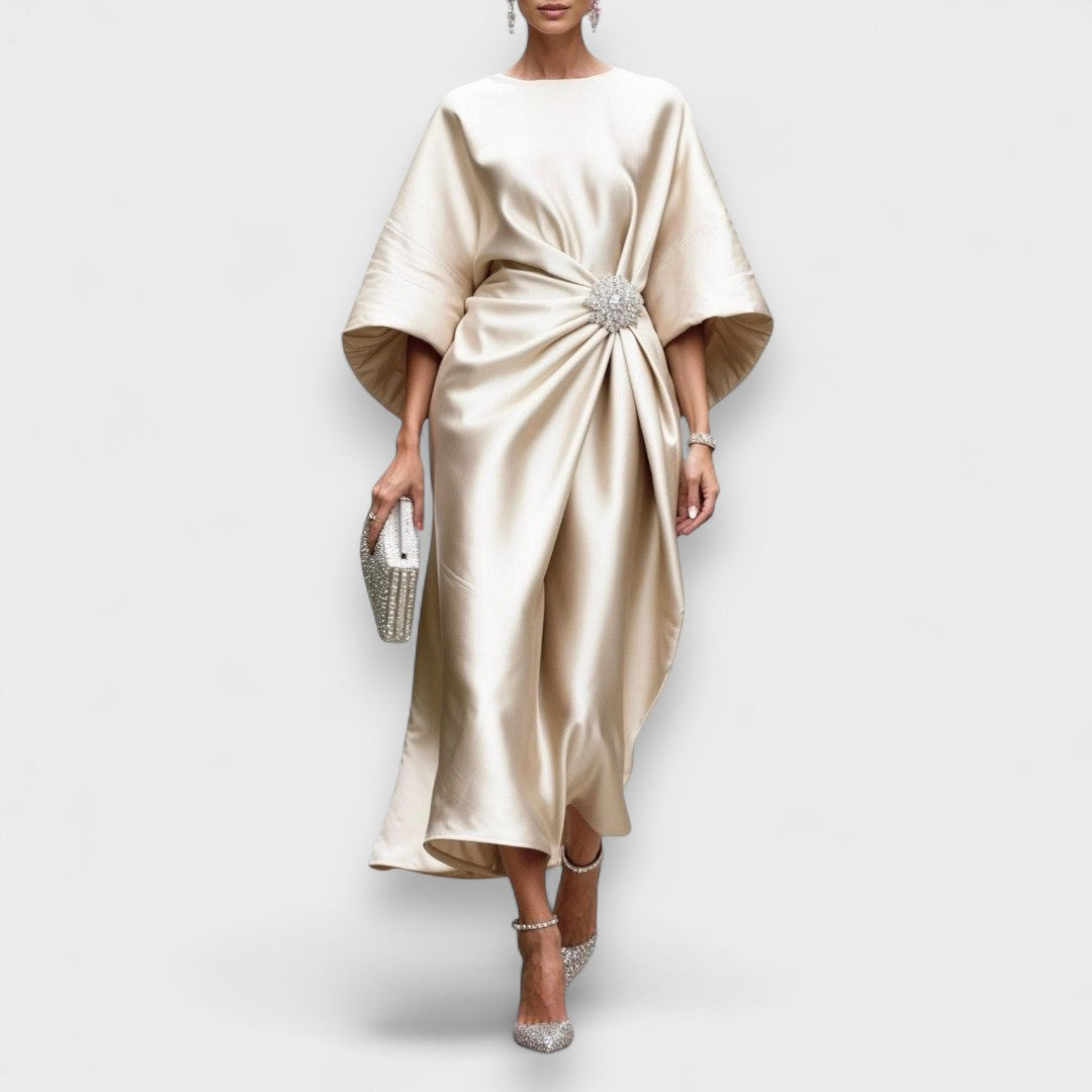 Pearl Satin Gown | Draped Ivory, Jewel Accent, Wide Sleeve
