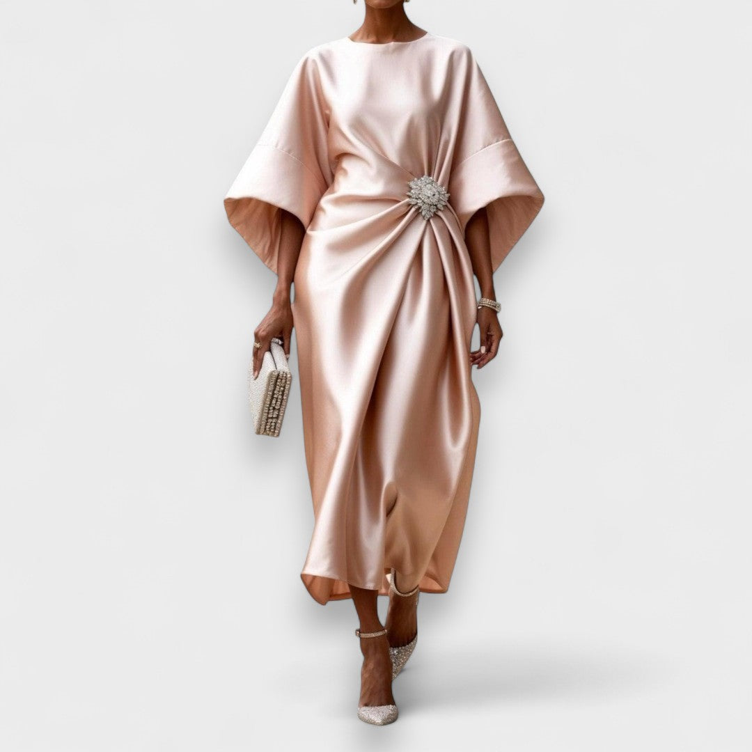 Pearl Satin Gown | Draped Ivory, Jewel Accent, Wide Sleeve