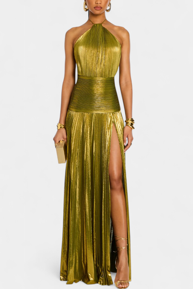 Nova Metallic Halter Dress | Open Back, High Slit, Peridot