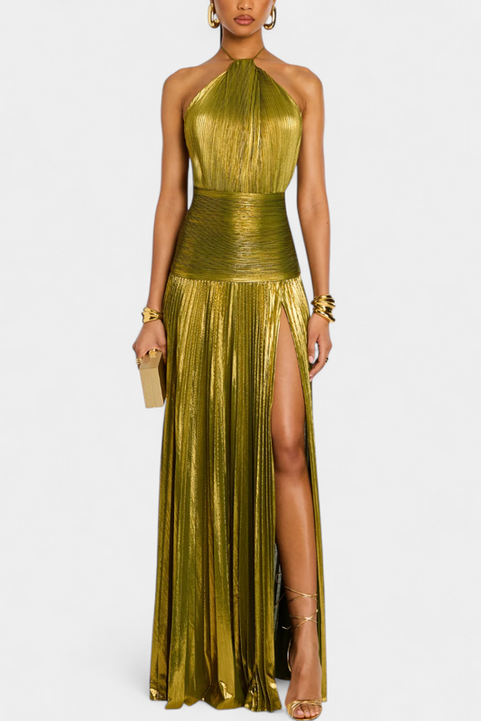 Momount Donna Vestito Maxi Estivo – Plissettato Metallizzato Scollo all'Americana Elegante