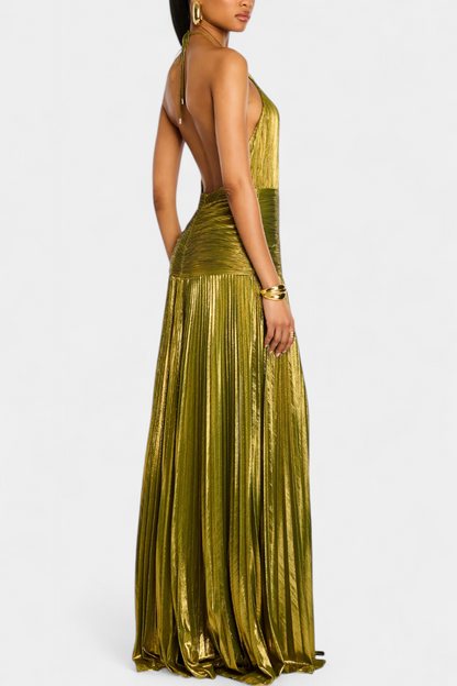 Nova Metallic Halter Dress | Open Back, High Slit, Peridot