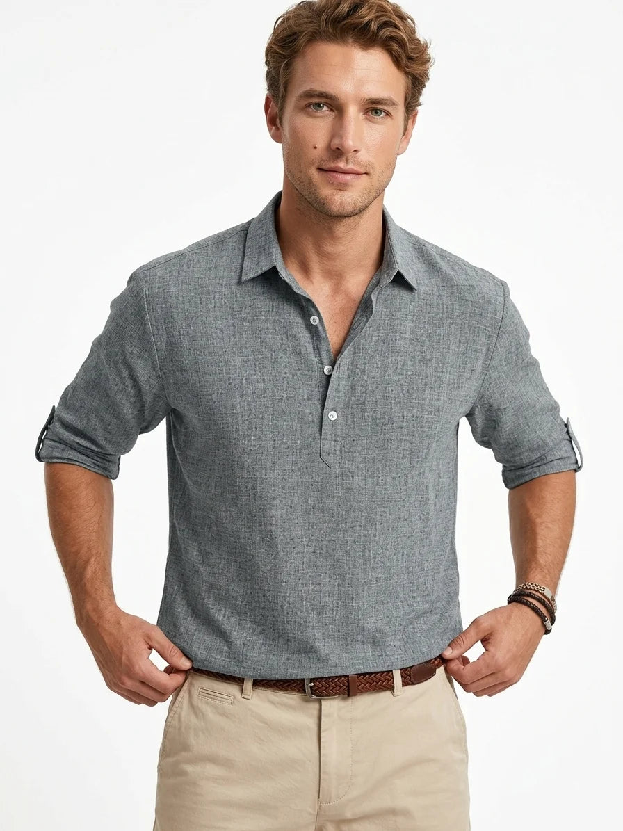 Momount Men Linen Shirt – Long Sleeve Popover Button Placket Casual - Gray - front
