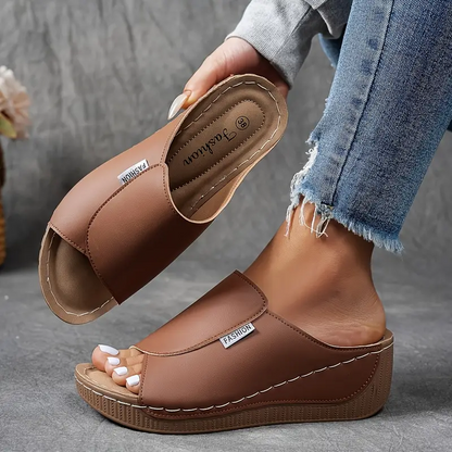 Momount Donna Sandali con Zeppa Plateau – Mule in Pelle Marrone Punta Aperta