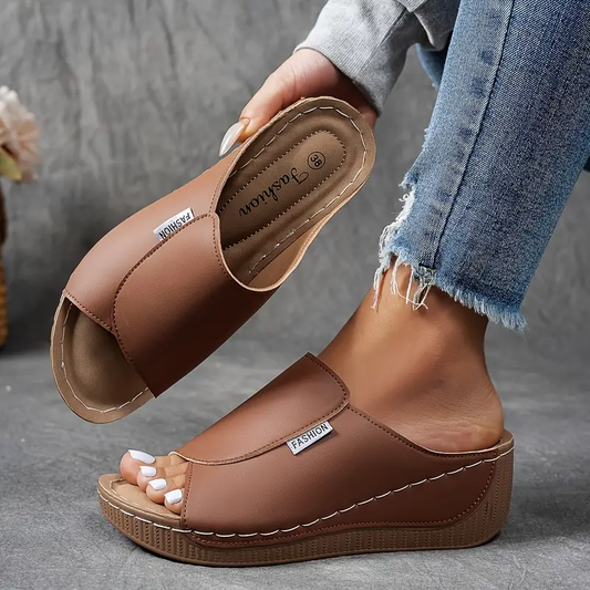 Momount Donna Sandali con Zeppa Plateau – Mule in Pelle Marrone Punta Aperta
