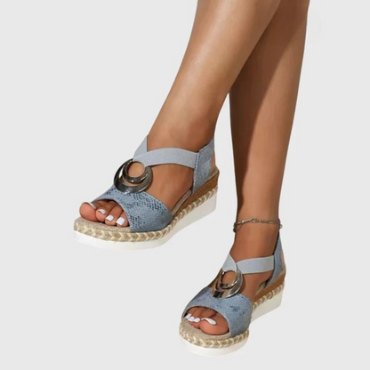 Momount Donna Sandali Espadrillas con Zeppa – Rosa Cipria Metallizzato Cinturino alla Caviglia