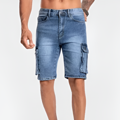 Momount Uomo Pantaloncini Cargo in Denim – Stretch Lunghezza al Ginocchio Tasca con Patta