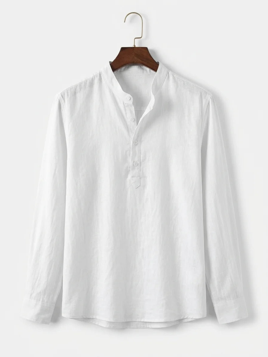 Momount Men Linen Henley Shirt – Long Sleeve Band Collar Breathable Casual - White - hanger